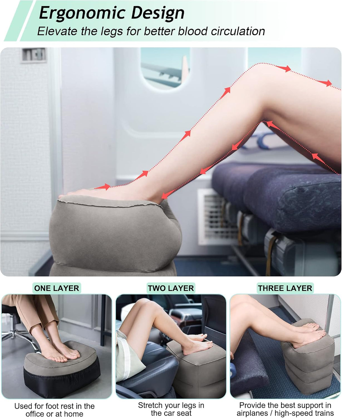 Inflatable Travel Foot Rest Pillow,Kids Airplane Bed,Adjustable Height Flight Pillow,Travel Essentials for Airplane,Office,Home,Trains,Cars