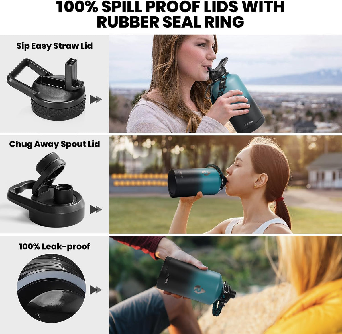 RAYMYLO Insulated Water Bottle - 64 oz Triple Wall Vacuum Stainless Steel | Cold for 48 Hrs, Leak Proof, Non-BPA
