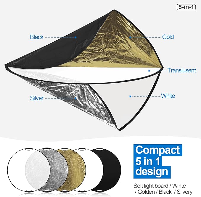 Wellmaking 43Inch/110cm Photography Light Reflector, Portable Foldable 5 in 1