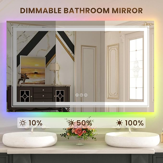 WTTY LED Bathroom Mirror 55"x30" with RGB Backlit and Front Light,Stepless Dimmable LED Mirror for Bathroom,Colored Lighted Bathroom Vanity Mirror,Anti-Fog,Memory Function,Shatter-Proof