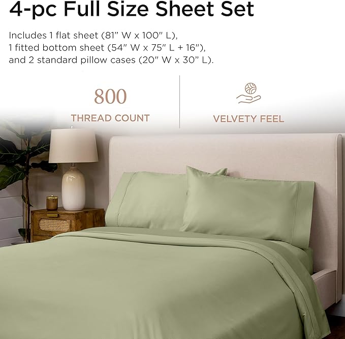 Threadmill Luxury 800 Thread Count Full Size 100% Cotton Sheets - Sage Green Sateen Weave Bed-Sheets, Better Than Egyptian Cotton, 4 Pc Solid Bed Set, Fits 16" Deep Pocket