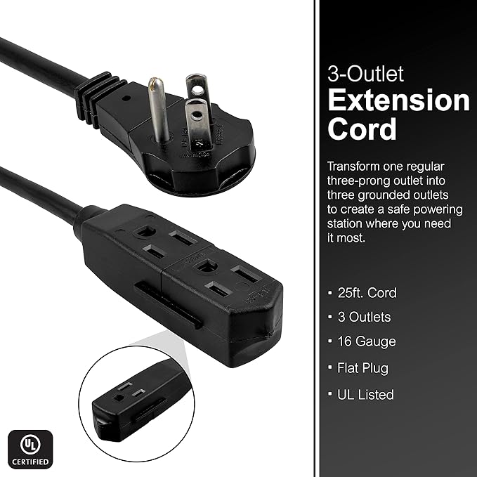 GE 3-Outlet Flat Extension Cord 25 Ft Grounded Extension Cord with Multiple Outlets 3 Prong Outlet Extender Flat Plug Power Strip Indoor Extension Cord 16 Gauge UL Listed Black 69921