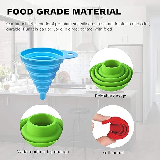 Kitchen Funnel Set of 3, Large Medium and Small, Kitchen Gadgets Accessories Food Grade Silicone Collapsible Funnels for Kitchen Use Filling Bottles Liquid Powder Transfer