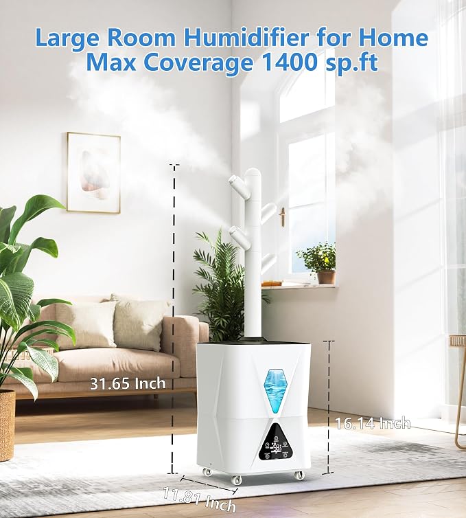 Humidifier Large Room,13L/3.43Gal 1400 sq.ft, Cool Mist Humidifiers for Bedroom with 1350mL/H Spray Output for Home, Office, Plants, Warehouse, House