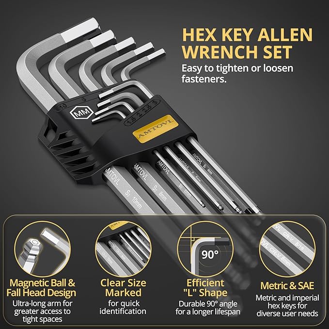 AMTOVL 27-Piece Magnetic Hex Key Set - S2 Steel SAE & Metric Allen Wrenches Set with Ball End Extra-Long T-Handle Design SAE 1/16"-3/8", Metric 1.5-10mm + TORX T10-T50