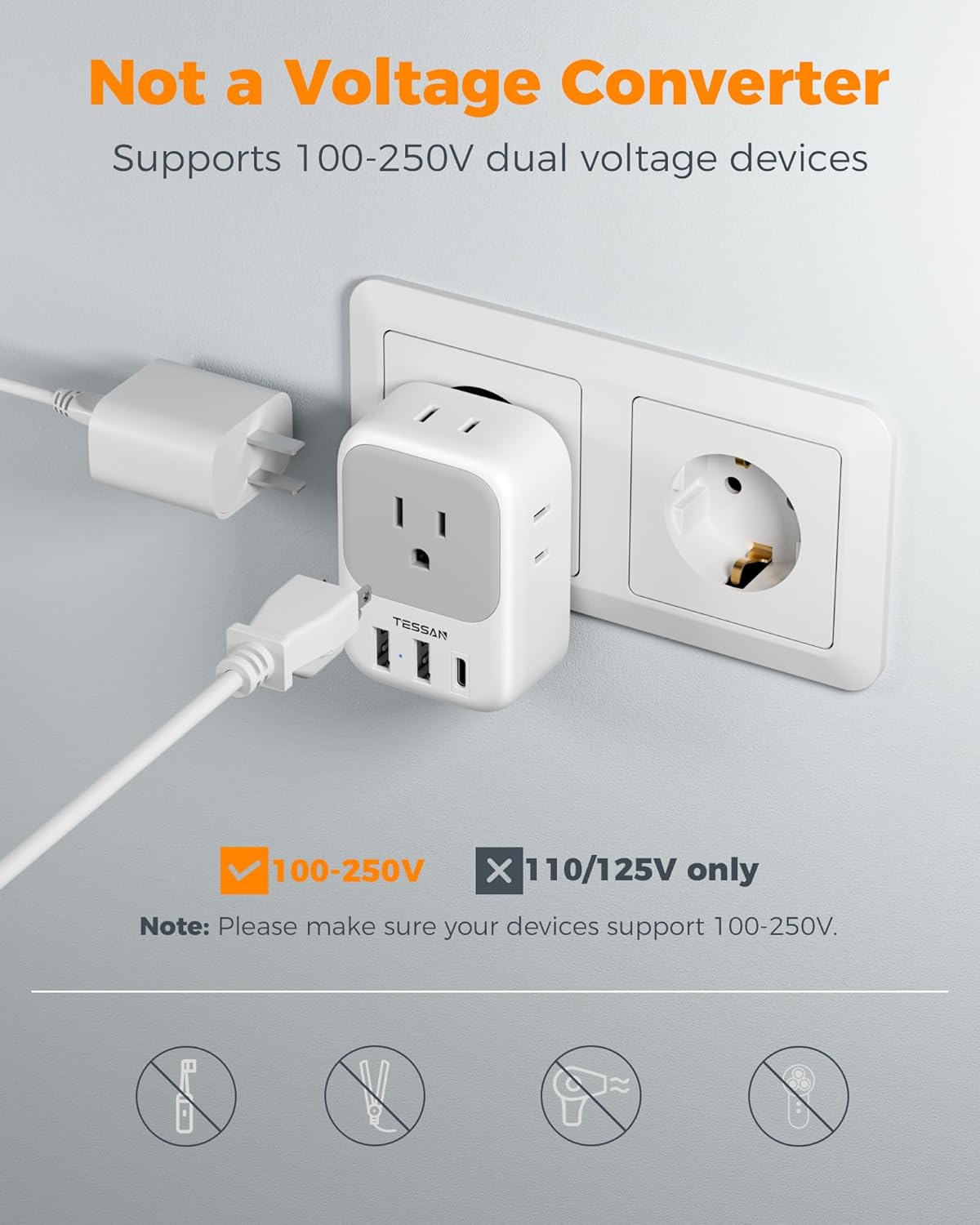 TESSAN European Plug Adapter - 4 Outlets & 3 USB Ports | Type C Travel Charger for Italy, Spain, France, Germany
