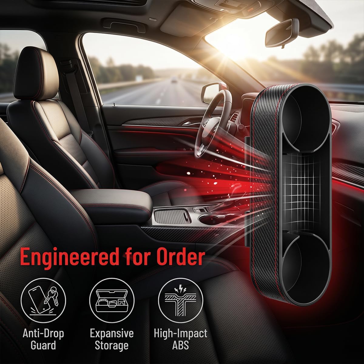 Car Seat Gap Filler Organizer, Vehicle Front Seat Side Storage Pocket with Cup Holder, Automotive Center Console Seam Filler Storage Box Accessories, Universal Fit (Carbon Fiber Black Red)