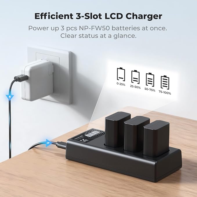 K&F CONCEPT 3-Pack NP-FW50 Battery and Upgraded 3-Slot ZV-E10 Battery Charger