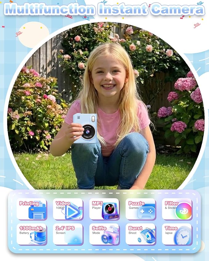 Instant Print Camera for Kids, 1080P Instant Digital Print Cameras for Toddler