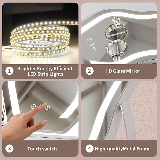Makeup Mirror with Lights - 17″ Cloud Shaped Smart Touch 3-Color Dimmable 360° Rotation Memory Metal Frame Plug-in AC Power Tabletop Vanity Mirror Gift for Women Teen Girls White