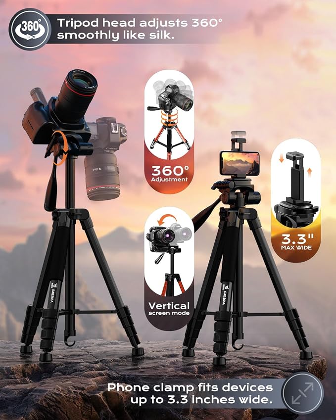 73" Camera Tripod for Camera and Phone, Aluminum Travel Tripod for iPhone