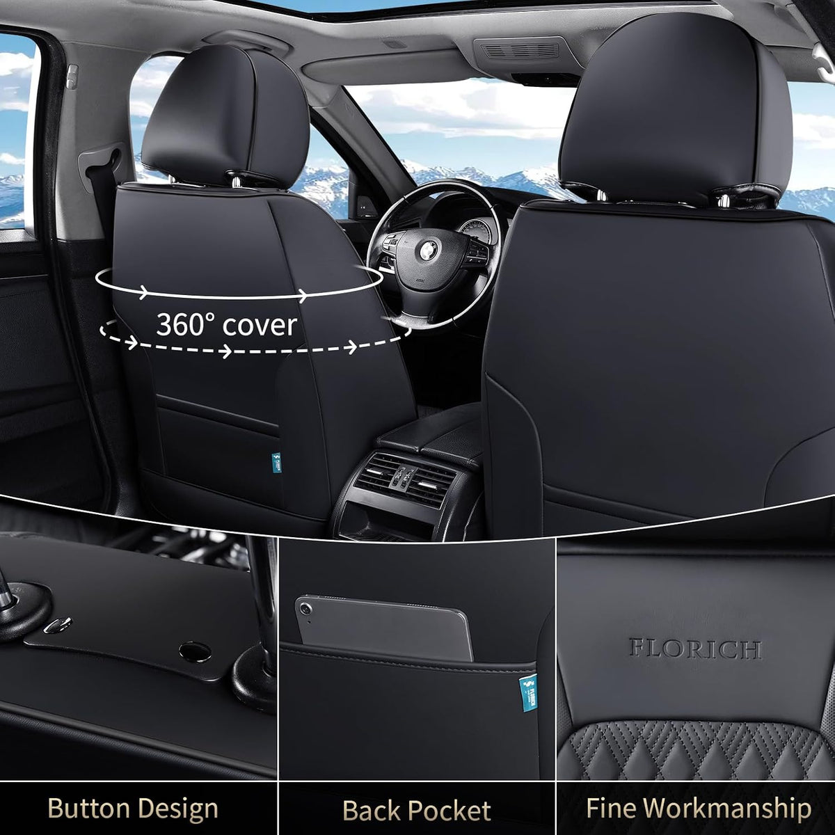 FLORICH Seat Covers, Car Seat Covers Front Seats, Luxury Nappa Leather Seat Covers, Breathable and Waterproof Car Seat Protector 2 Seat, Automotive Seat Covers Universal Fit for Most Cars-Black