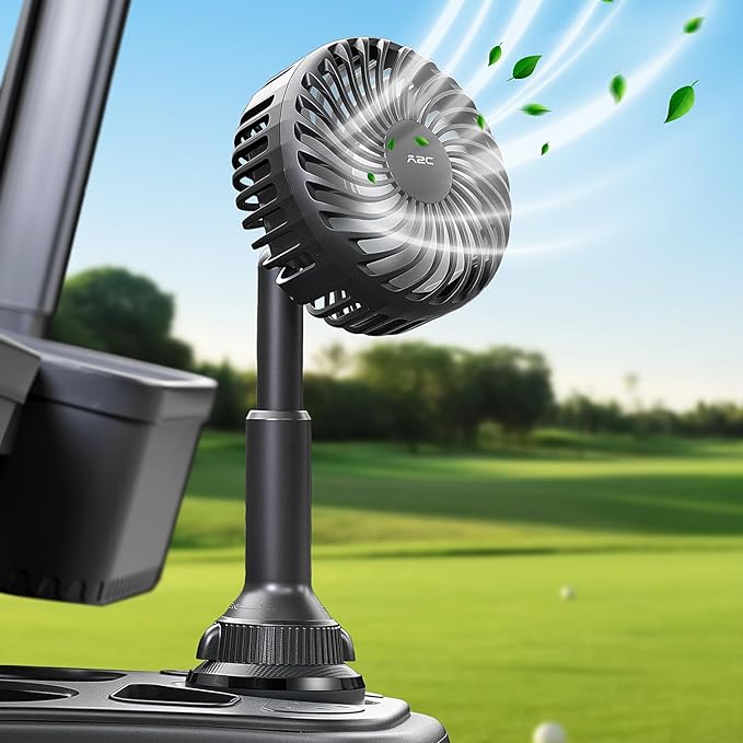 A2C Golf Cart Fan Rechargeable, Cup Holder Base Battery Operated Cooling Fan, 3 Speeds Powerful Airflow Compatible with EZGO, Club Car, Yamaha, 360° Rotatable Golf Cart Accessories