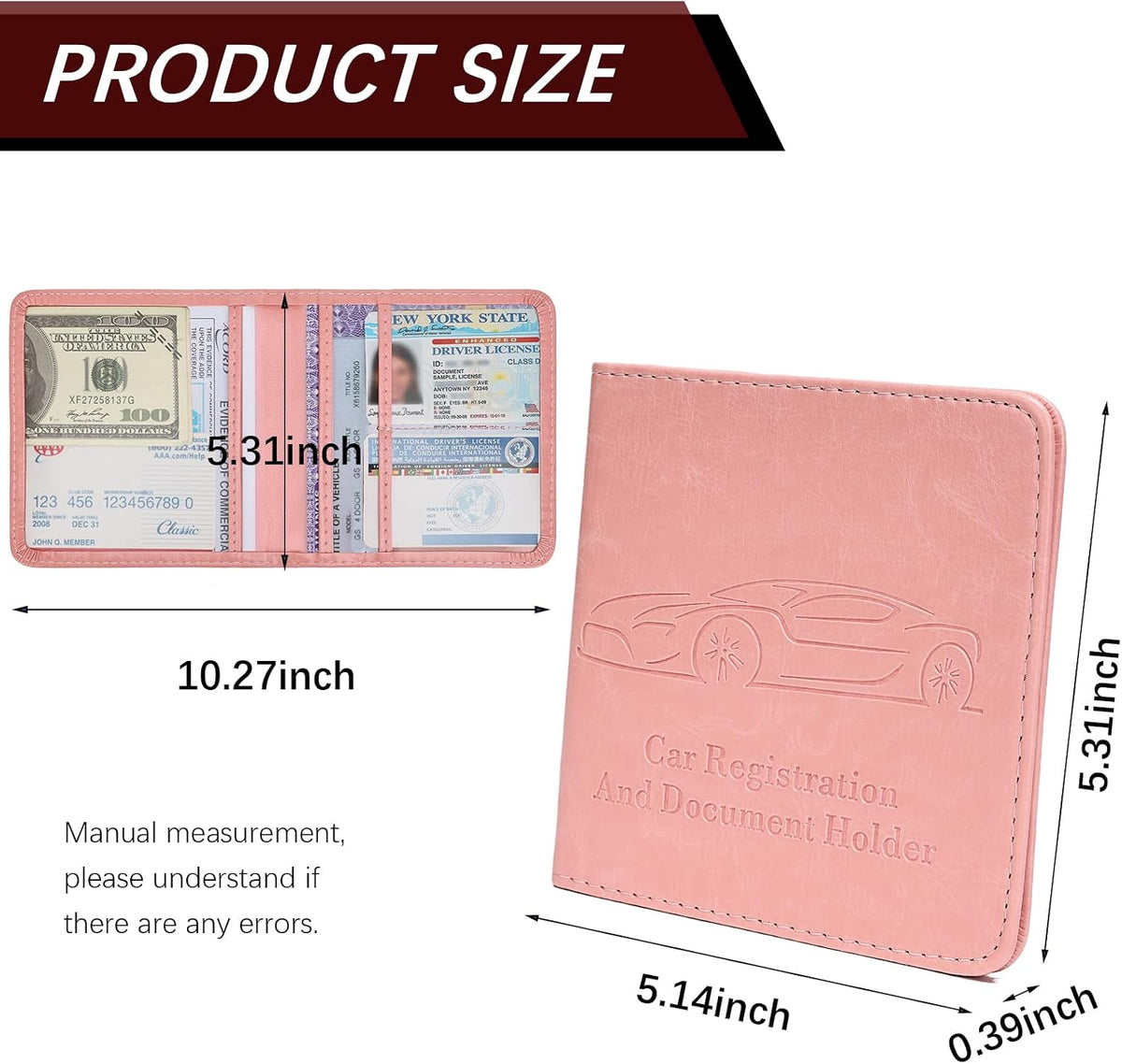 2-Pack Registration and Insurance Card Holder, Vehicle Glove Box Car Organizer with Magnetic Closure, Interior Pink Car Accessories for Documents, Cards, License Storage