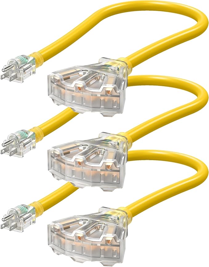 DEWENWILS 24 Inches 12/3 Gauge Indoor Tri-Tap Extension Cord Splitter, SJTW 15 Amp Yellow Outer Jacket Contractor Grade Heavy Duty Power Cable with LED Lighted Plug, ETL Listed, Pack of 3