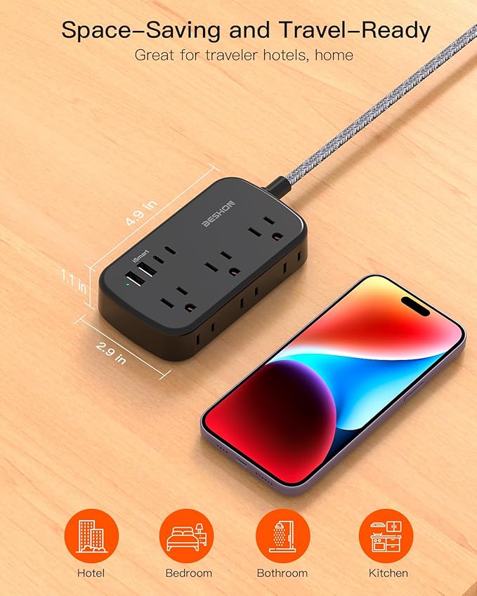 Extension Cord 20 Ft, BESHON Flat Plug Power Strip with 6 Outlets with 4 USB Ports(2 USB C), No Surge Protector for Home Office College Dorm Room Travel Essentials, Black