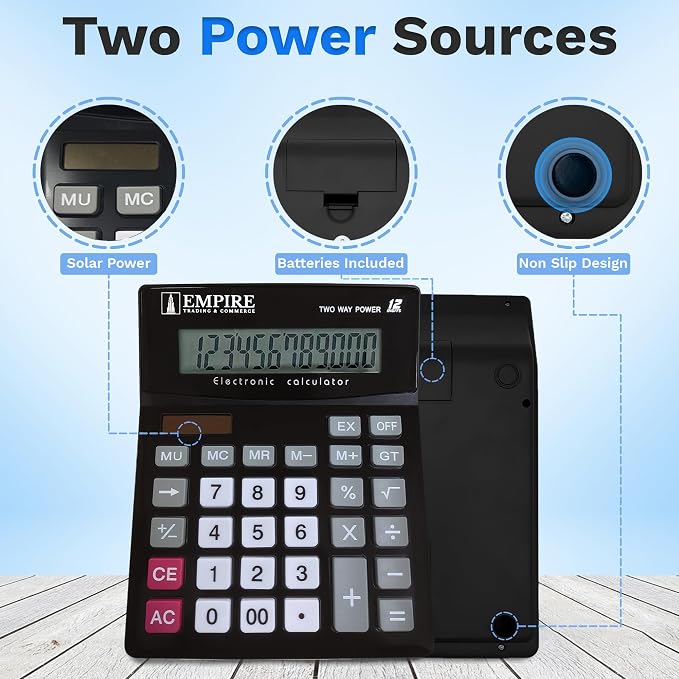 Empire Desk Calculator with Large Key Buttons, 12-Digit Large Eye-Angled Display