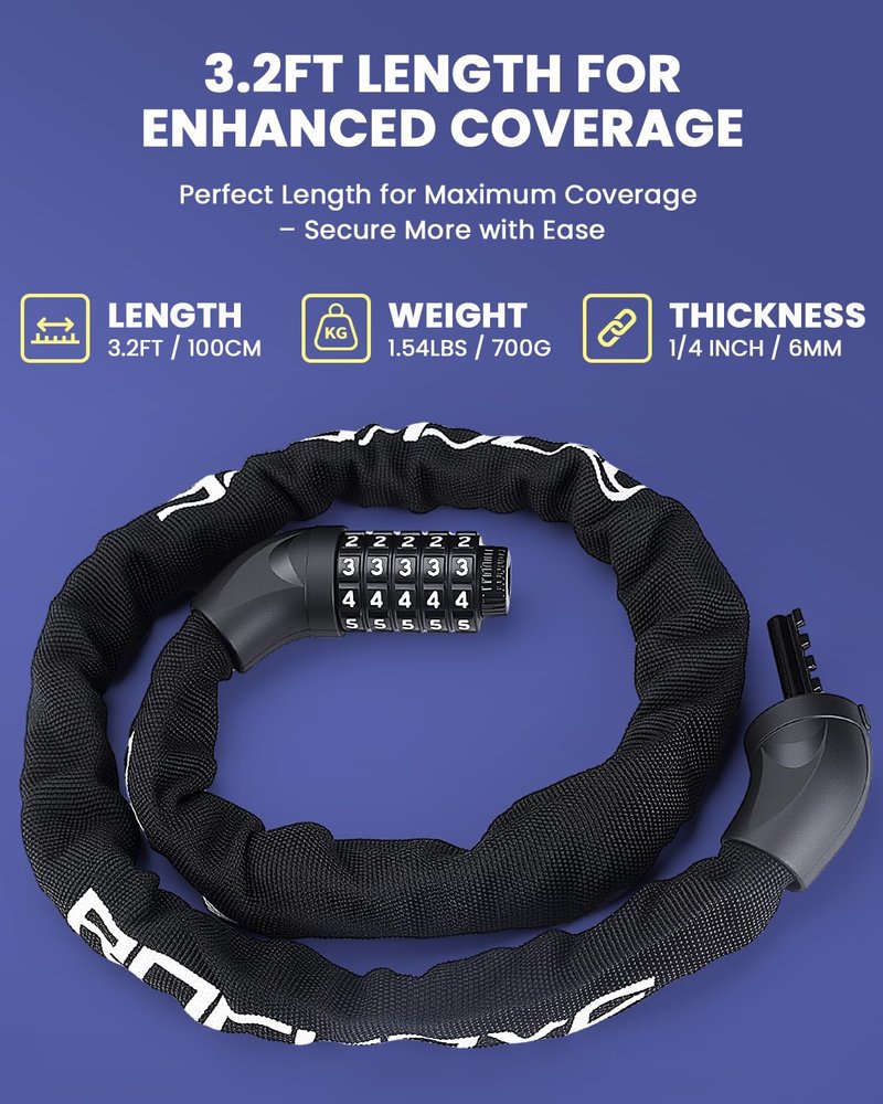 ONVIAN Bike Locks Heavy Duty Anti Theft-5 Digit Combination, 3.2Ft Long Bike Chain Lock, High Security Keyless Bicycle Lock for Ebike, Bicycle, Scooter, Motorcycle, Door, Gate, Fence