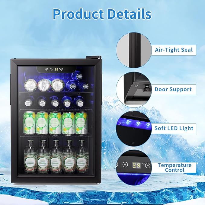 Antarctic Star Mini Fridge-95 Can Beverage Refrigerator Wine Cooler Clear Front Glass Door Small Drink Touch Screen for Soda Beer Bar Office Home 2.6 cu.ft | 95 Can Capacity, Clear Front Glass Door, Touch Screen for Soda Beer Bar Office Home