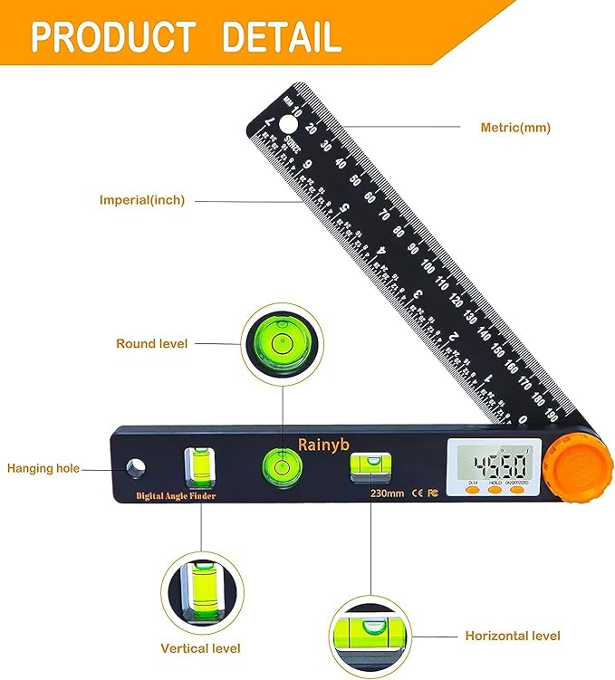 Rainyb Digital Angle Finder Tool 7inch 0-360 degree LCD Digital Protractor