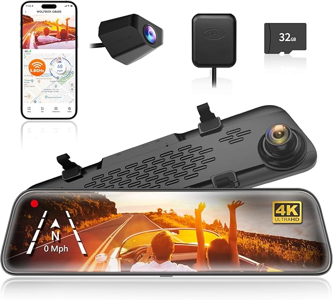 WOLFBOX G840S 12" 4K Mirror Dash Cam Backup Camera, 5.8GHz WiFi Smart Rearview