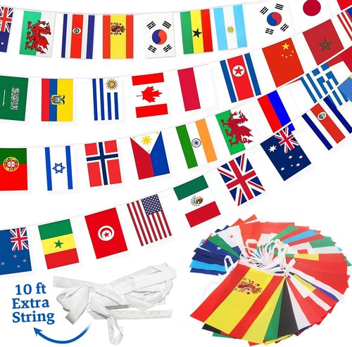 100 Countries String Flag Banner Set - 82Ft Durable Mini Polyester Flags for Parties & Events
