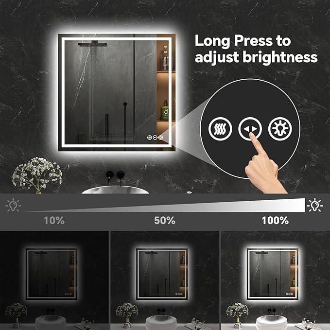 LED Bathroom Mirror 36x36 Inch Anti-Fog Bathroom Mirror with Lights, Wall Mounted Lighted Vanity Mirrors, Dimmable, Backlit + Front Lit, Smart Bathroom Vanity Mirror with 3 Colors Temperature