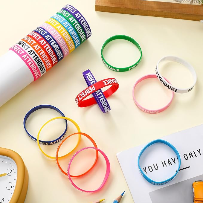 100 Pcs Perfect Attendance Silicone Wristbands 10 Assorted Color Reward Rubber