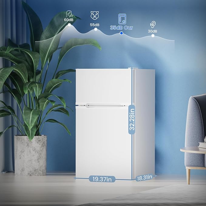 Electactic 3.1 Cu.Ft Mini Fridge with Freezer for Bedroom Office, White | 2 Reversible Door, Removable Glass Shelves, Adjustable Thermostat, Energy Efficient Compact Small Refrigerator for Dorm