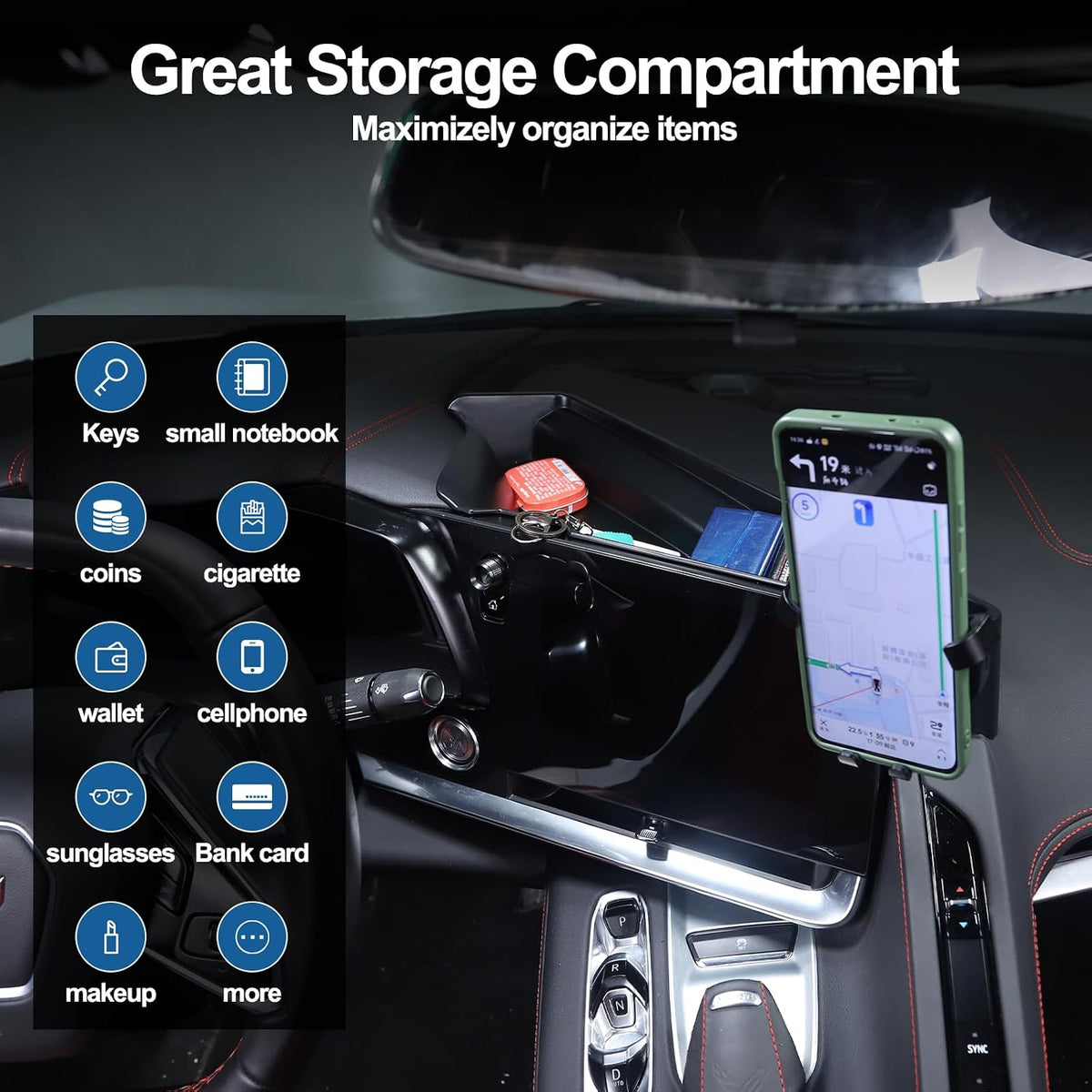 for Corvette C8 Center Console Tray Phone Holder Mount Organizer,360 Degree Rotatable Phone Holder Stand Navigation Screen Rear Storage Box Organizer Tray for Corvette C8 2020-2024 2025 (D)