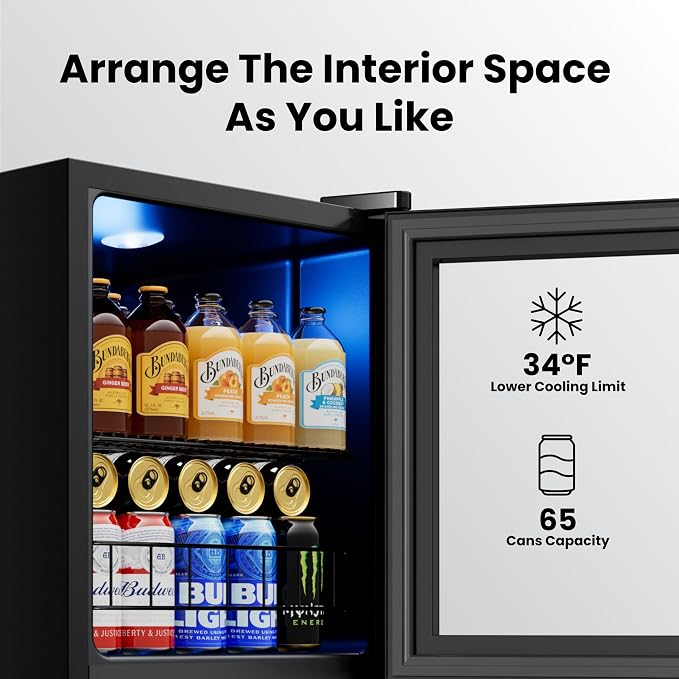Yeego Beverage Refrigerator Drink Cooler, 65 Cans Mini Fridge Glass Door | Soda Wine Beer Cooler, 34°F To 54°F Temperature Control, for Home Office Bar, Countertop, Black
