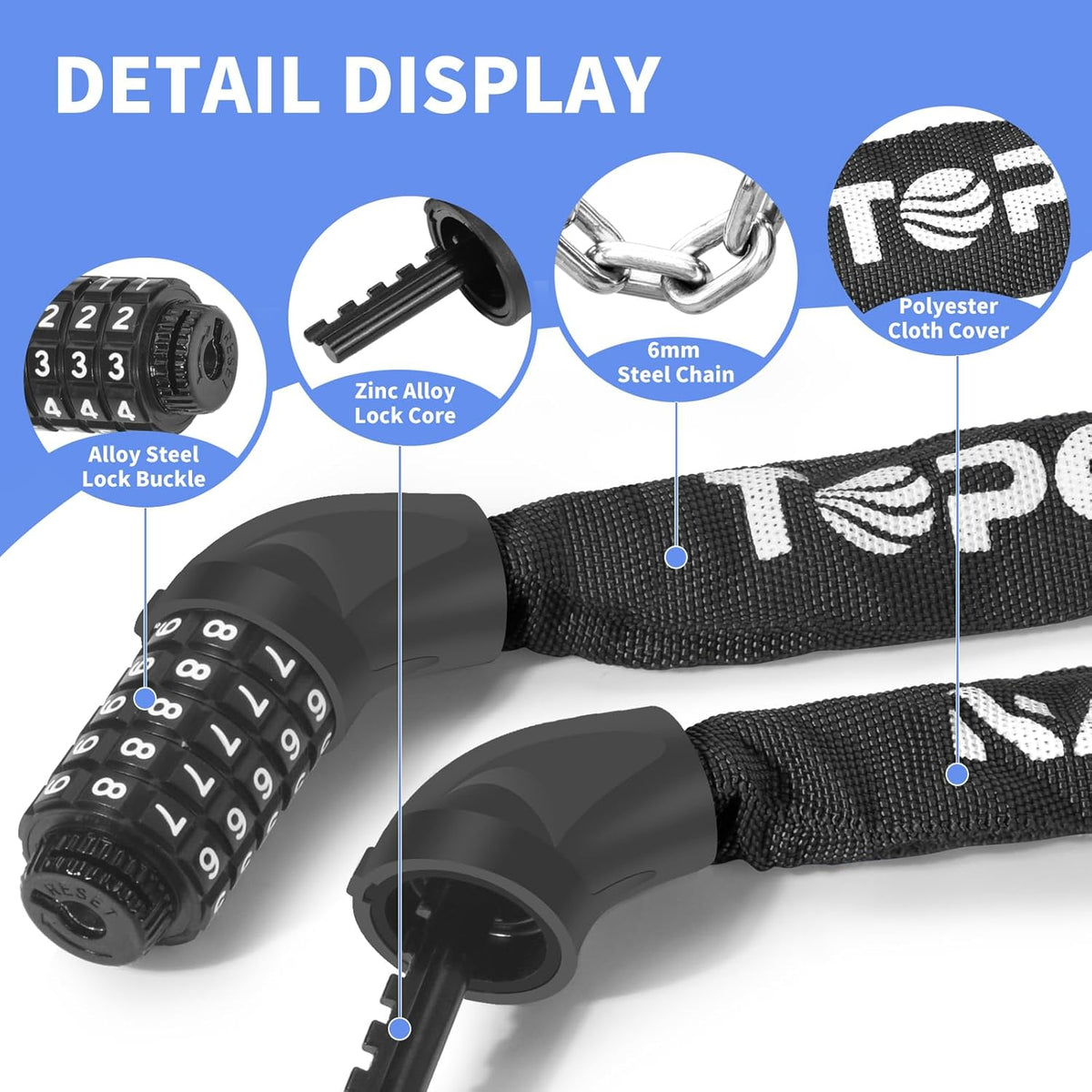 Topcrown Bike Chain Lock - 3.2Ft Long High-Security Anti-Theft Keyless Lock for Bikes & Scooters | Black
