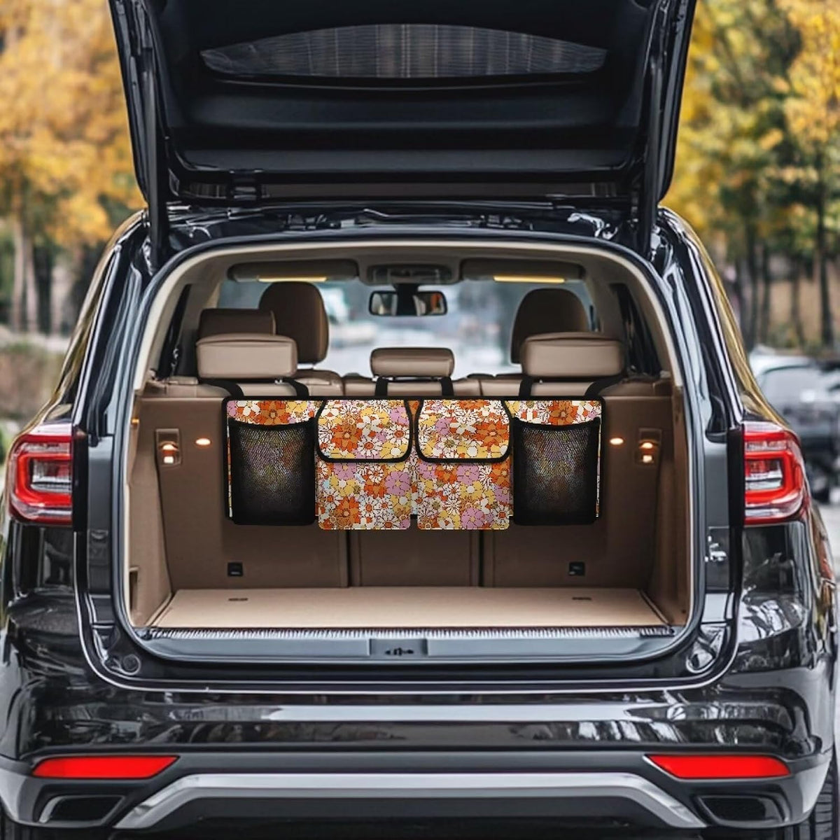 Hippie Flower Car Trunk Organizer,Backseat Hanging Large Storage with Adjustable Straps,Waterproof Collapsible Cargo Bag,Car Interior Accessories for Auto SUV
