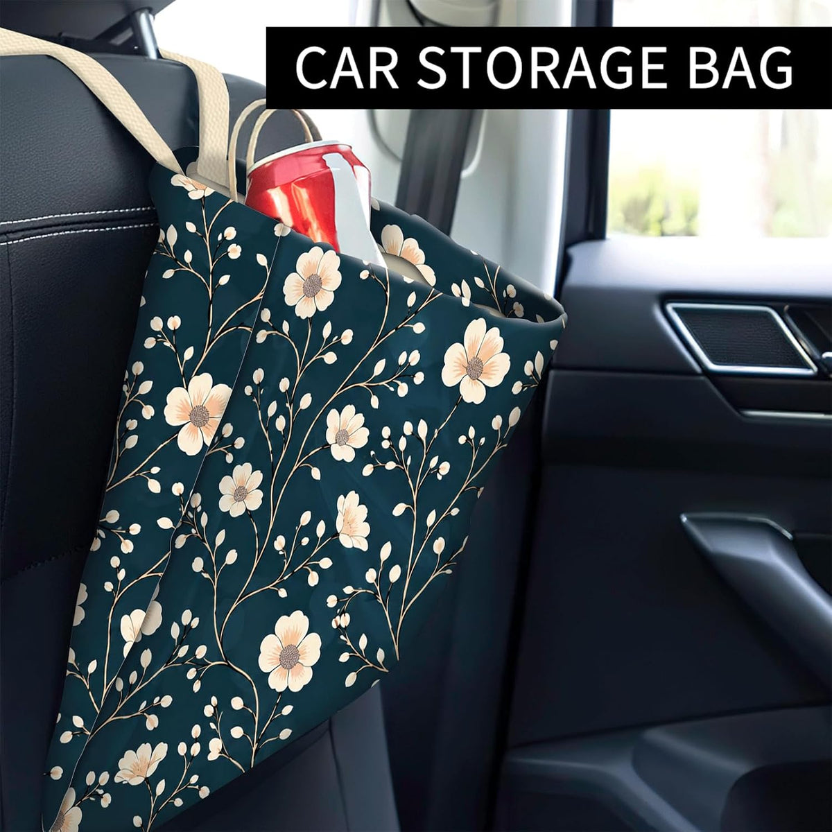 Car Trash Can, Cute Car Trash Bag, Hanging Car Organizer and Storage Bag, Trash Bin for Car Accessories, Vehicle, Travelling, Camping Cute Blue Beige Floral