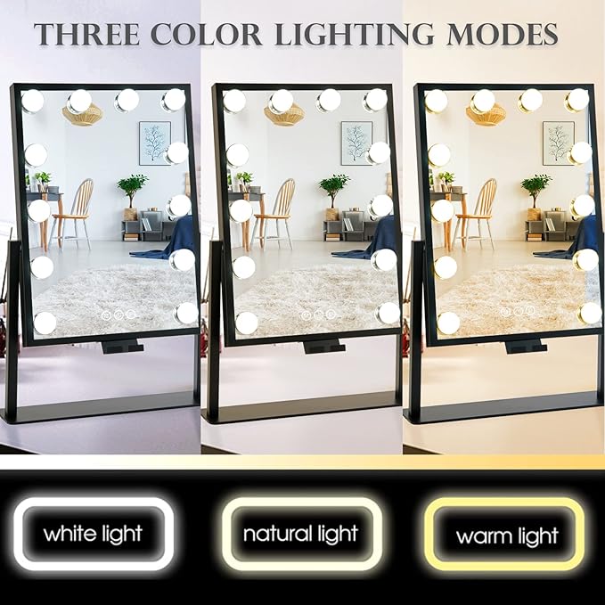 Vanity Mirror with Lights, Lighted Makeup Mirror, Hollywood Mirror with Phone Holder, 12 Dimmable LED Bulbs, 3 Color Lighting Modes, Detachable 10X Magnification, 360°Rotation(Black)