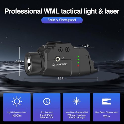 DARKFANG Tactical Weapon Light - 1000 Lumen Laser Combo with High/Low Rear Switches for Glock & Picatinny Rail
