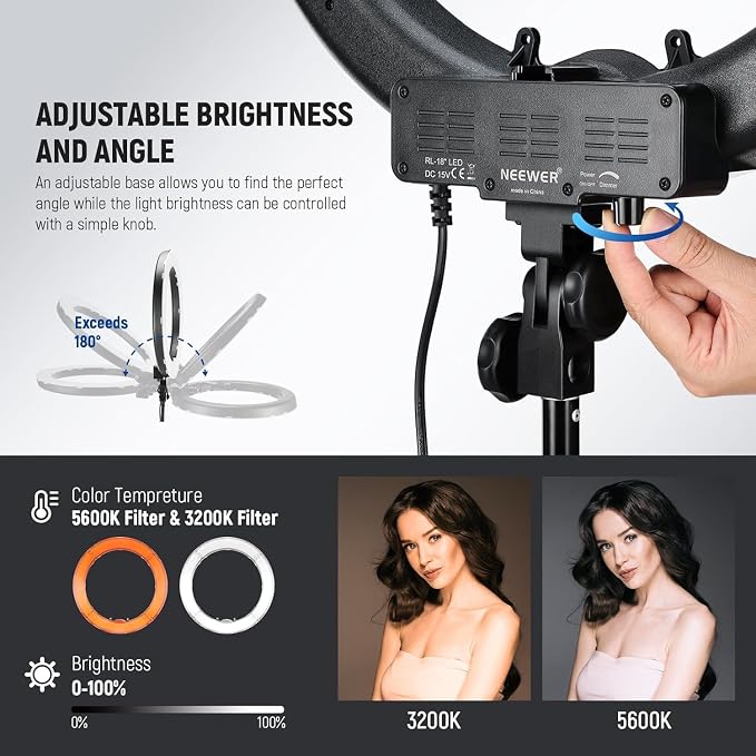 NEEWER 18 Inch Ring Light with Tripod Stand, 55W Large LED Ringlight, Cold Shoe