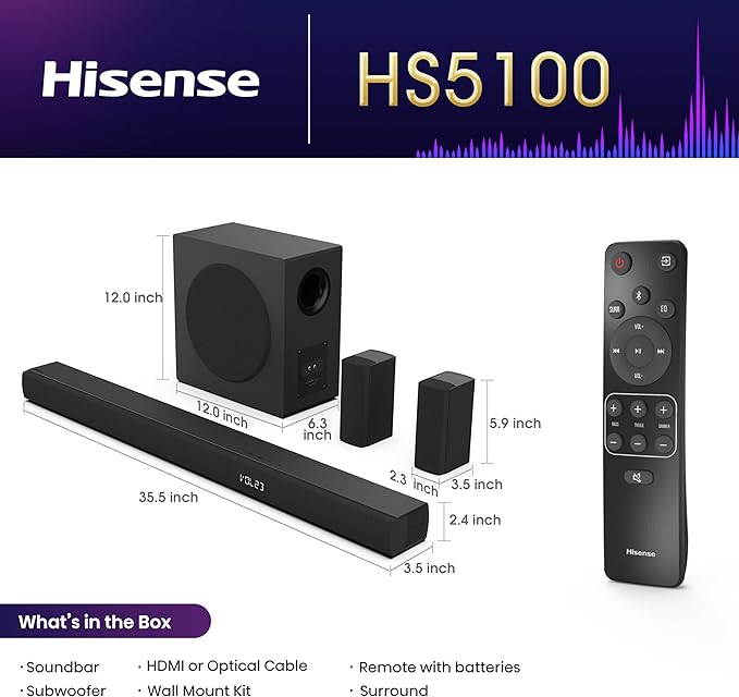 Hisense HS5100 5.1ch Soundbar with Wireless Subwoofer, Dolby Audio, DTS Virtual:X, Rear Surround Speakers, Center Speaker, HDMI ARC, Bluetooth 5.3, Remote Control