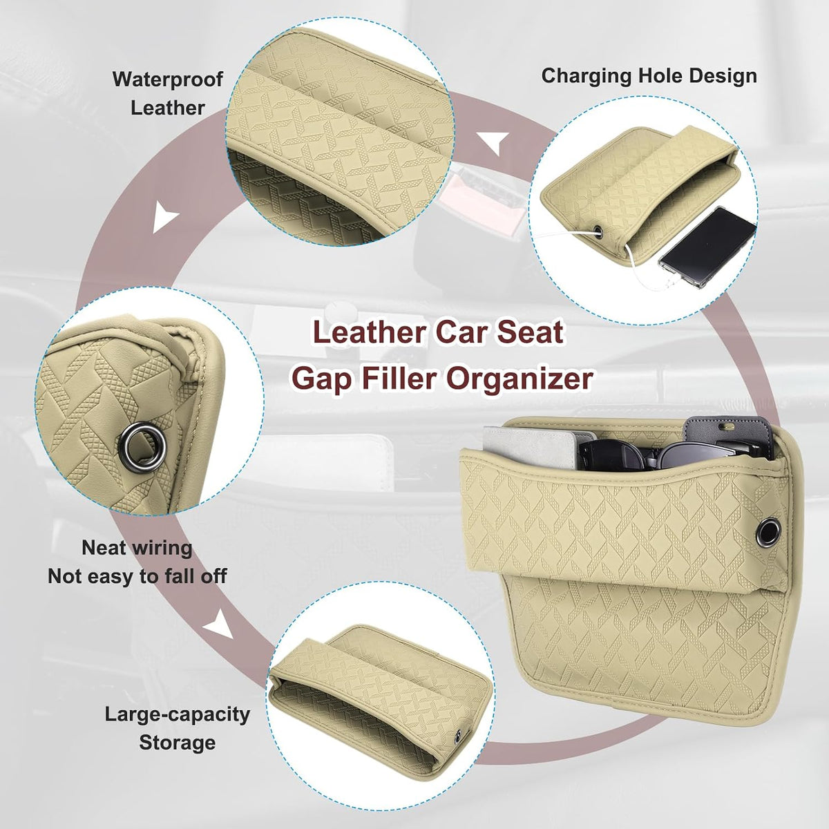 HARFINGTON 2pcs Car Seat Gap Filler Organizer 11.5 x 8 x 2.1 Inch Leather Universal Car Organizer Storage Box Between Seat and Console for Phone Sunglasses Keys, Beige