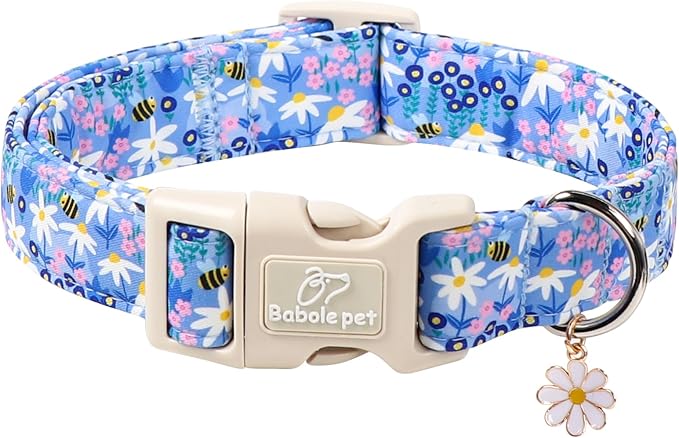 Floral Dog Collar for Small Dogs - Cute Spring Dog Collars, Soft Lightweight Bee & Daisy Puppy Collar, Breathable Adjustable Male Female Blue Wildflowers Dogs Collars S