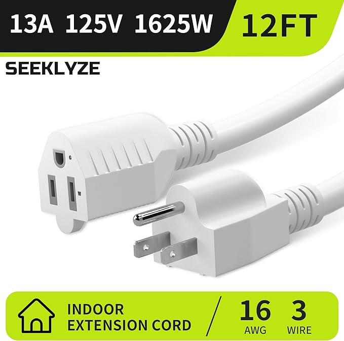 16/3 White Extension Cord 12 FT, Indoor Extension Cord for Laptops, Coffee Makers, Office Home Appliances, 3 Prong Resistant Cable Flexible, 13A 125V 1625W ETL Listed