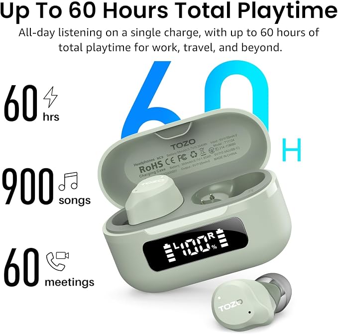 TOZO NC9 Hybrid Active Noise Cancelling Wireless Earbuds, 60H, LED Display | 6 Mic ENC Clear Calls, Deep Bass Sound, IPX8, in Ear Bluetooth 5.3 Headphones,32 EQs via APP, Comfort Fit Ear Buds, Green