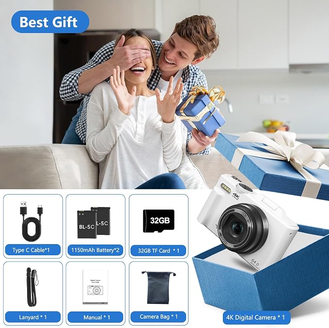 Digital Camera for Photography, 4K Vlogging Camera for YouTube 3" 180° Flip