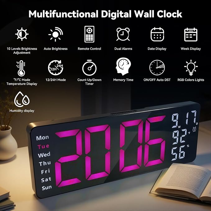 Digital Wall Clock Large Display, 17.3" Digital Clock