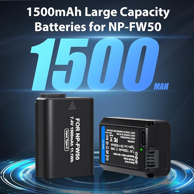 LP NP-FW50 Replacement Batteries, USB-C Charging, 1500mAh