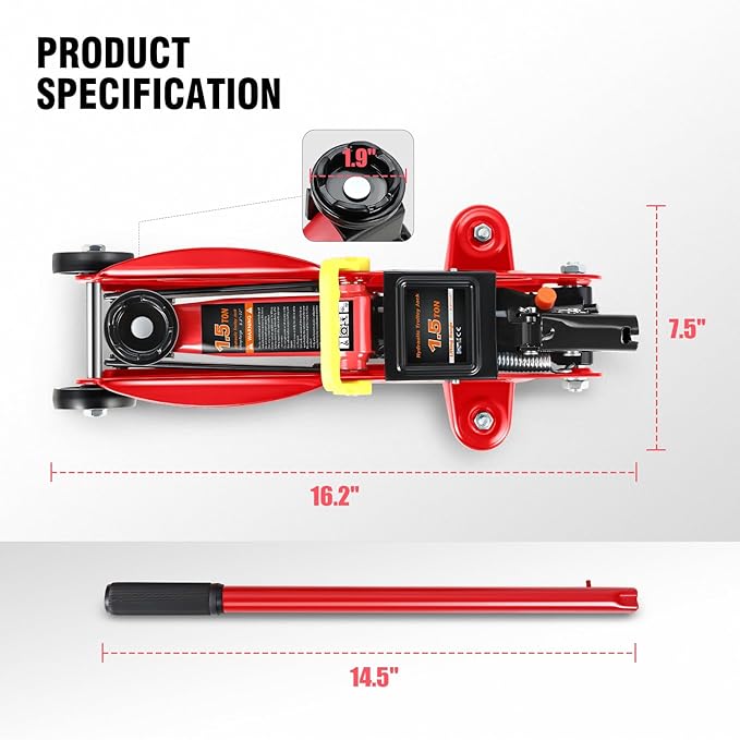 PM PERFORMOTOR Low Profile Hydraulic Trolley Service/Floor Jack, 1.5 Ton (3000 lbs) Capacity, Lifting Range 5.3"-12",Red,PM-TOL-FJ15-RD