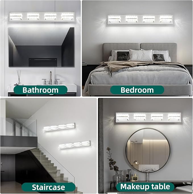 OKELI Crystal Vanity Lights LED Bathroom Vanity Light Fixture Over Mirror Modern Indoor Mirror Front Lamp, 6000K Cold White Dimmable, 4-Lights, 24W, ETL Listed