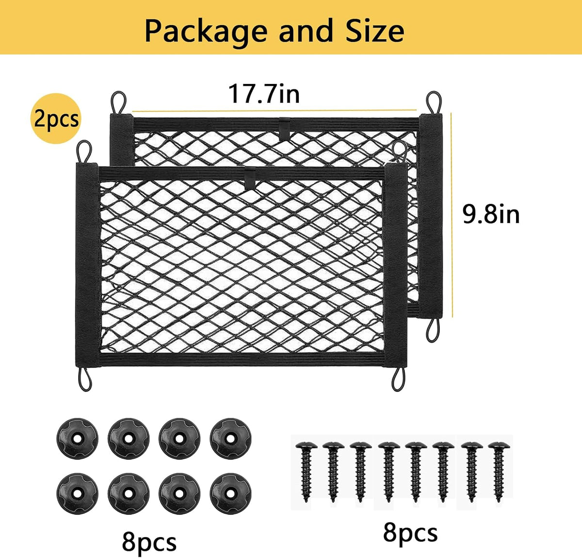 ZMD 2PCS Small Cargo Nets, Pocket Storage Rv Mesh Net Universal Elastic Automotive Cargo Netting Storage Pouch with 8Pcs Mounting Screws&Hooks for Car Truck SUV Boats (18x9.8 Inch)