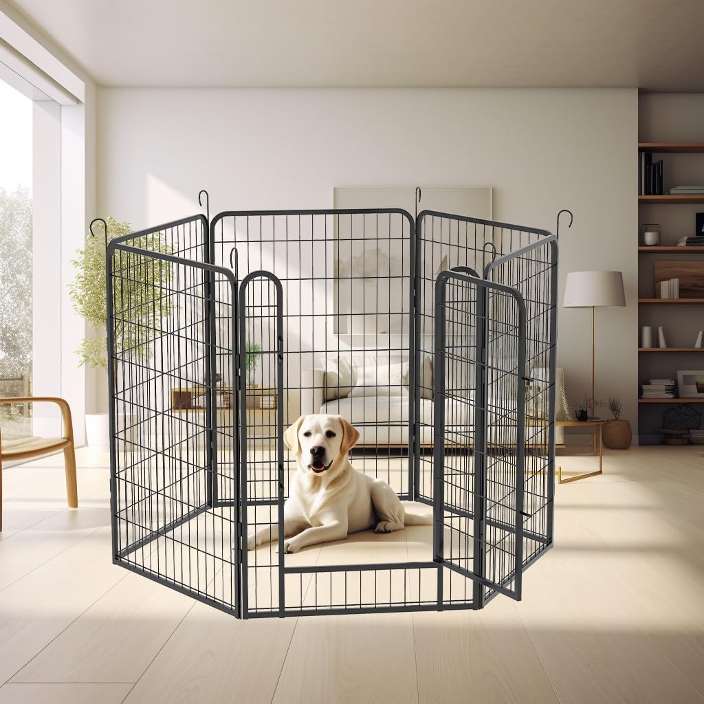 Dog Playpen, Outdoor Dog Fence, 6 Panels, 40" H Dog Pen for Large/Medium/Small Dogs, Heavy Duty Metal Pet Fence with Gate, Portable Dog Fence for RV Camping and Yard (Black)