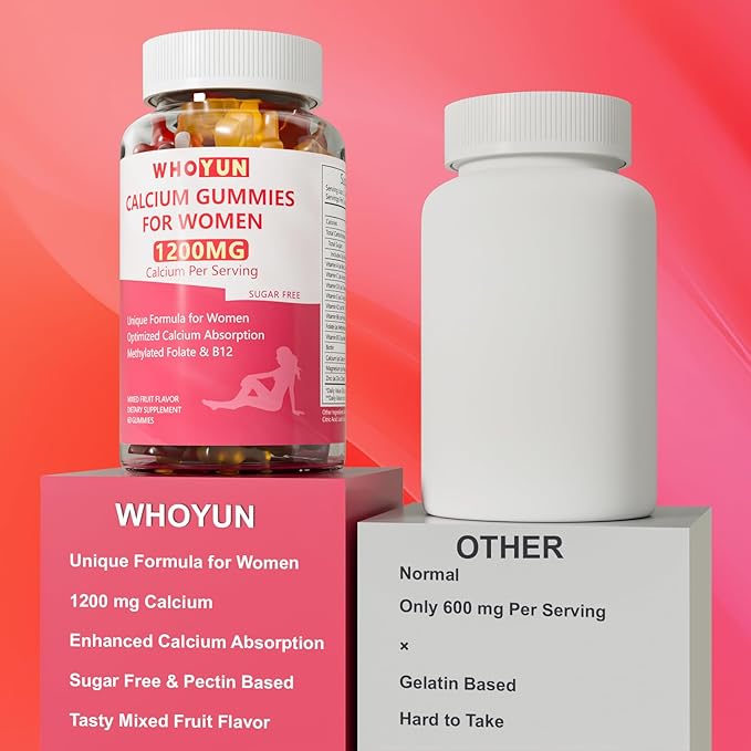Calcium Gummies for Women 1200 mg, Unique Formula with Folate, B6, B12, D3, Magnesium, Zinc, Calcium Citrate Chewable Supplement for Bone, Skin Health, 60 Count